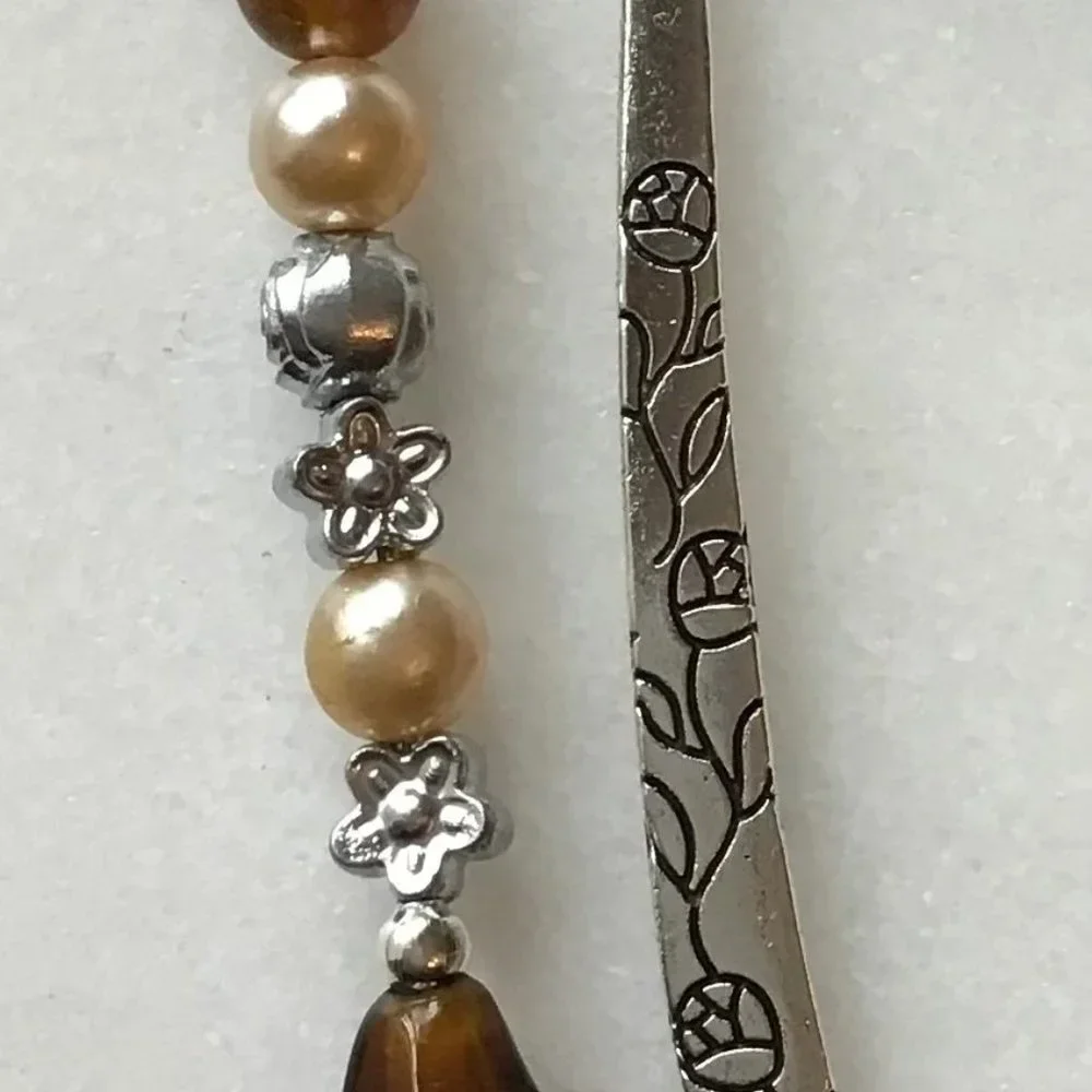 Tibetan Metal Bookmark Flower‎ Engraved Moonstone, Pearl, Amber Beads